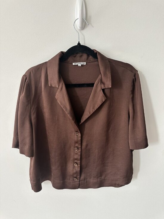 Reformation Tops - Reformation Brown Satin Cropped Collared Shirt, Size M